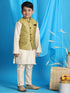 Boy's Yellow Woven Jacket With Cream Kurta And Pyjama Set