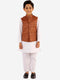 Boy's Coffee Brown And White Jacket, Kurta And Pyjama Set