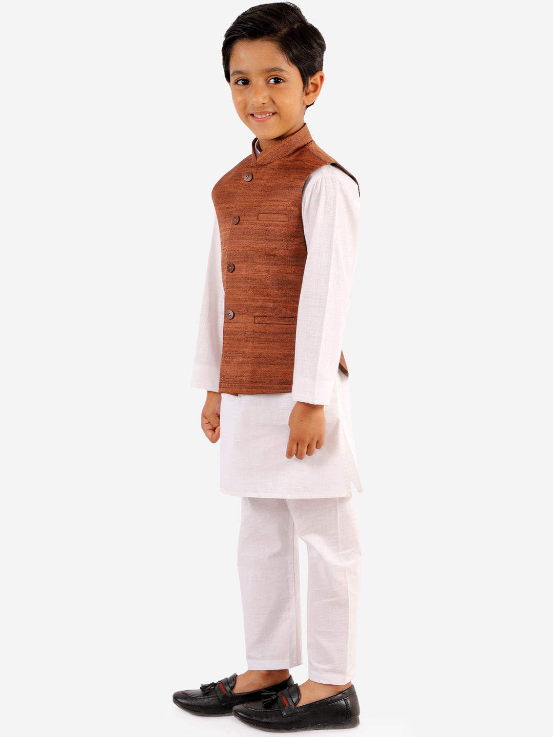 Boy's Coffee Brown And White Jacket, Kurta And Pyjama Set