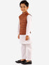 Boy's Coffee Brown And White Jacket, Kurta And Pyjama Set