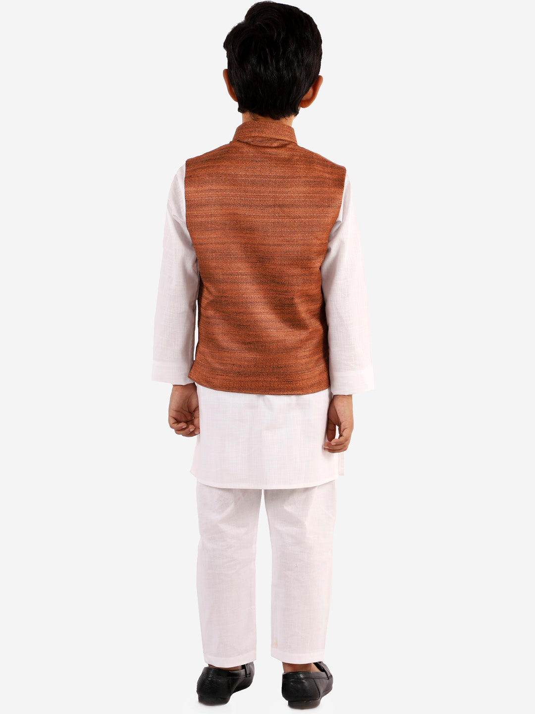 Boy's Coffee Brown And White Jacket, Kurta And Pyjama Set