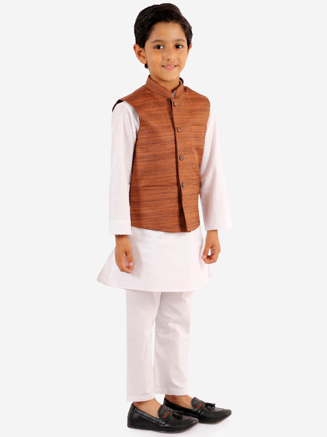 Boy's Coffee Brown And White Jacket, Kurta And Pyjama Set