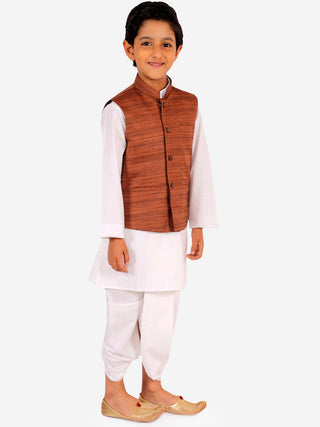 VASTRAMAY Brown Color Cotton Silk Nehru Jacket & White Dhoti Kurta Baap Beta Set