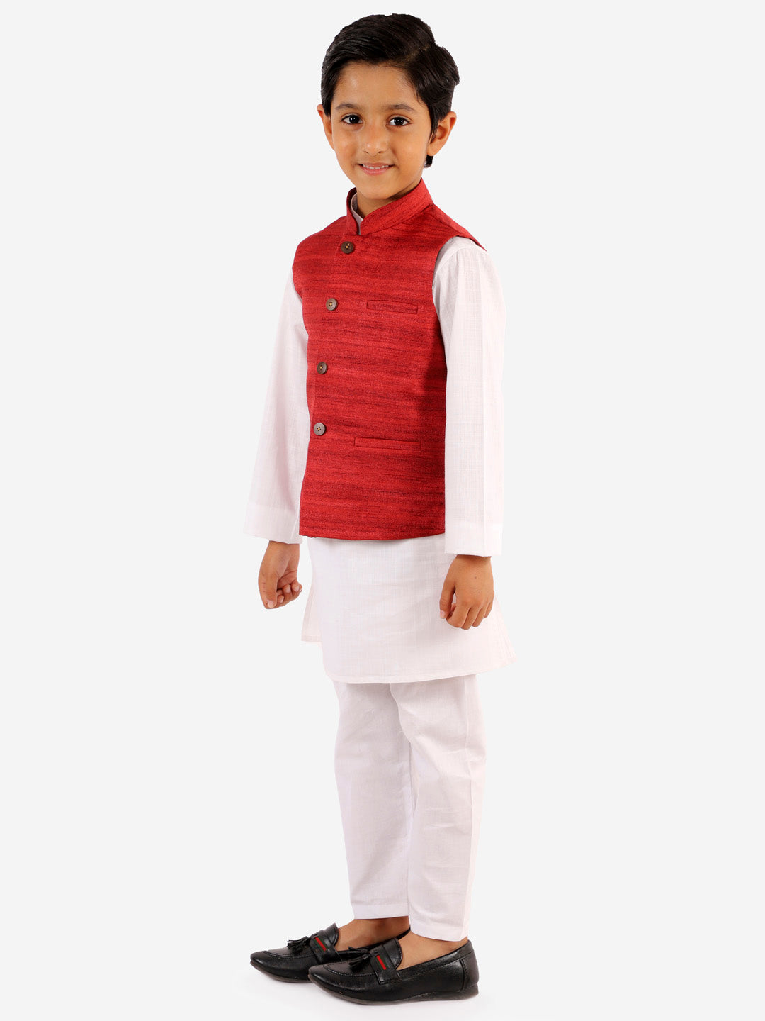 Boy's' Maroon And White Jacket, Kurta And Pyjama Set