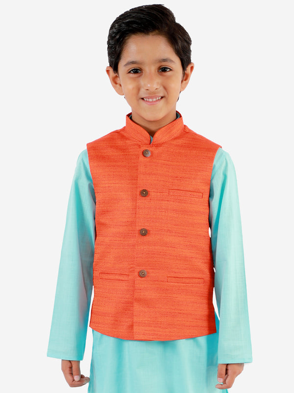 Boy's Orange Matka Silk Blend Nehru Jacket