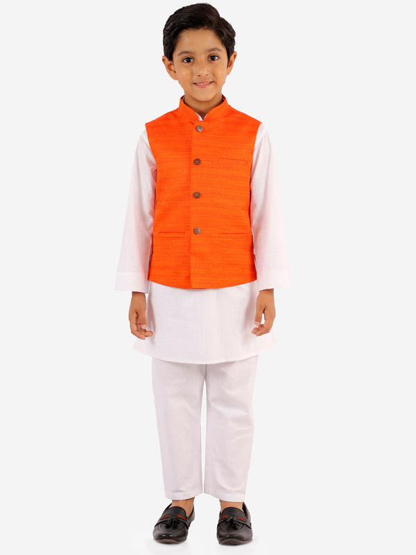 Boy's Orange And White Jacket, Kurta And Pyjama Set
