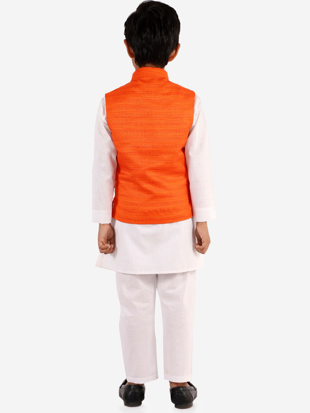Boy's Orange And White Jacket, Kurta And Pyjama Set
