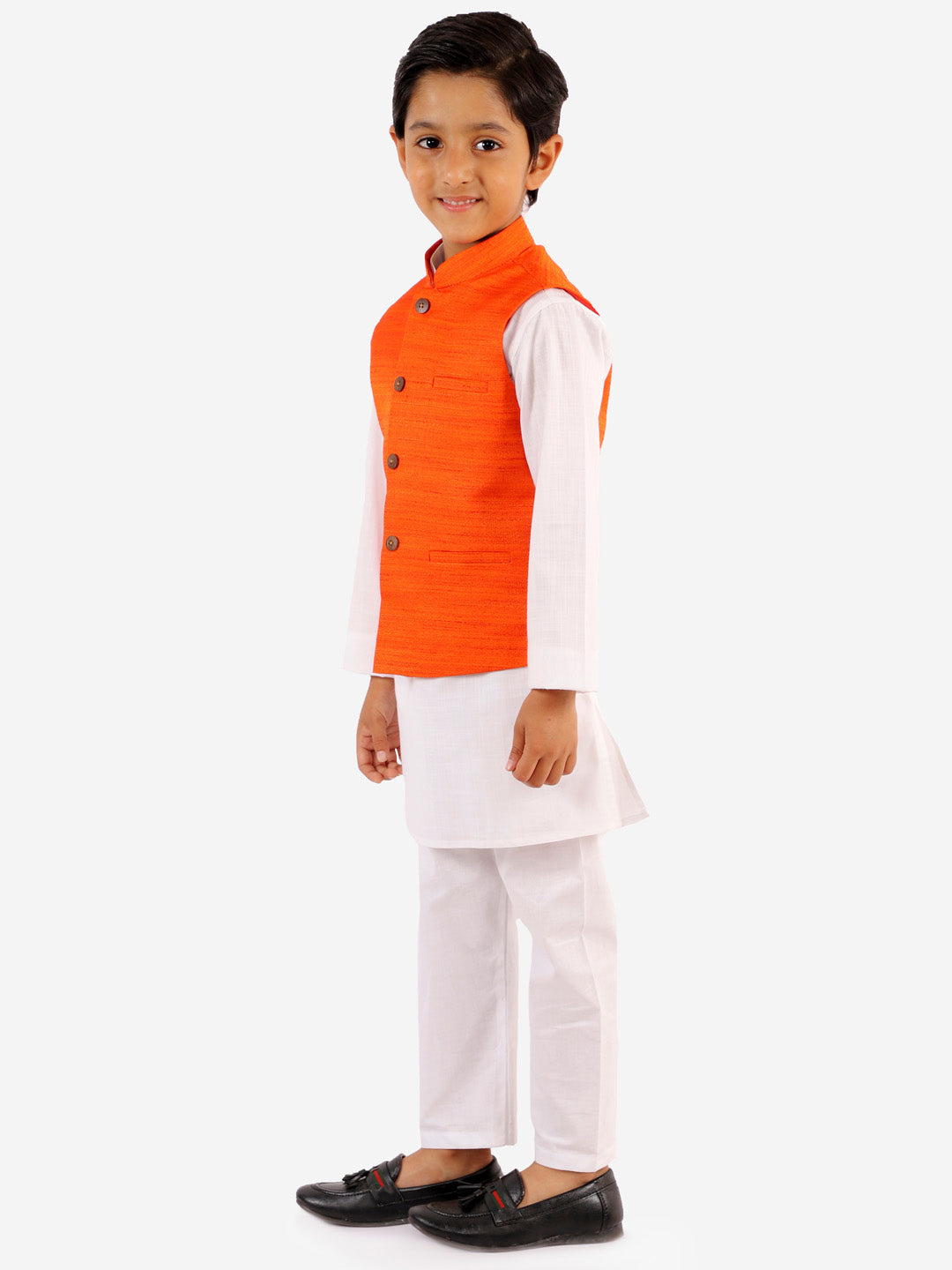 Boy's Orange And White Jacket, Kurta And Pyjama Set