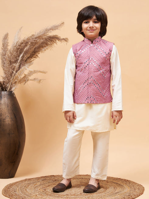 Boy's Pink Mirror Work Jacket And Solid Kurta Pyjama Set