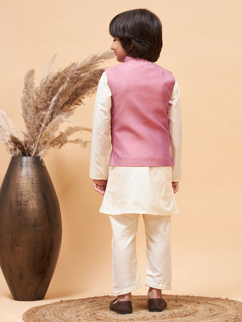 Boy's Pink Mirror Work Jacket And Solid Kurta Pyjama Set