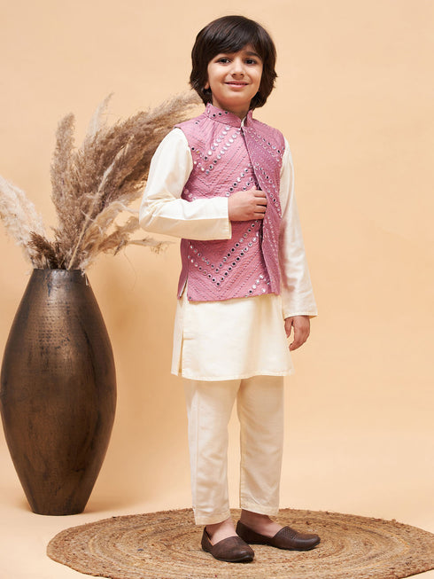 Boy's Pink Mirror Work Jacket And Solid Kurta Pyjama Set