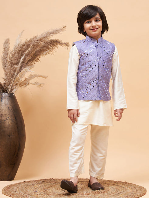 Boy's Purple Mirror Work Jacket And Solid Kurta Pyjama Set