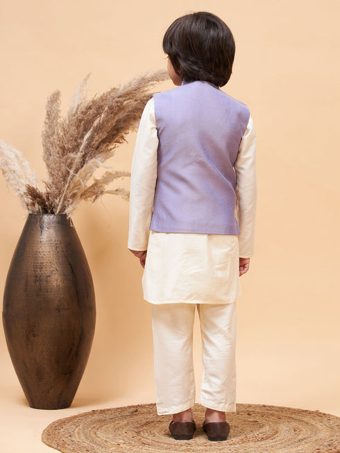 Boy's Purple Mirror Work Jacket And Solid Kurta Pyjama Set