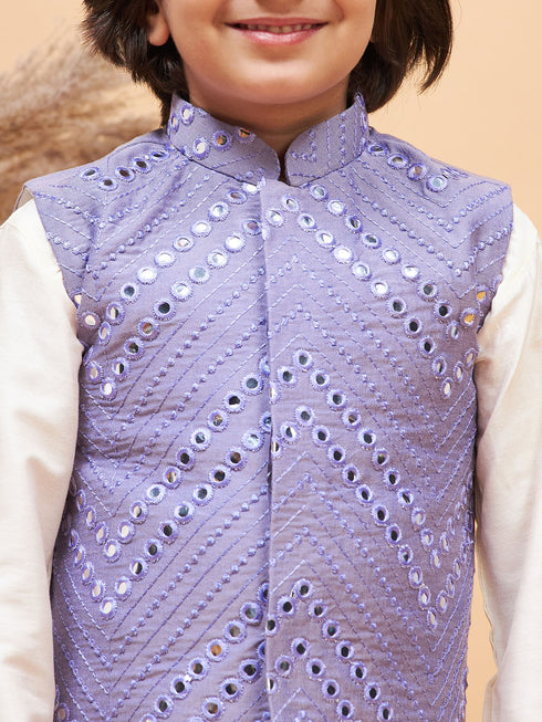 Boy's Purple Mirror Work Jacket And Solid Kurta Pyjama Set