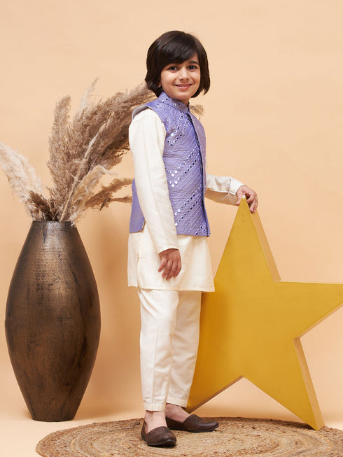 Boy's Purple Mirror Work Jacket And Solid Kurta Pyjama Set