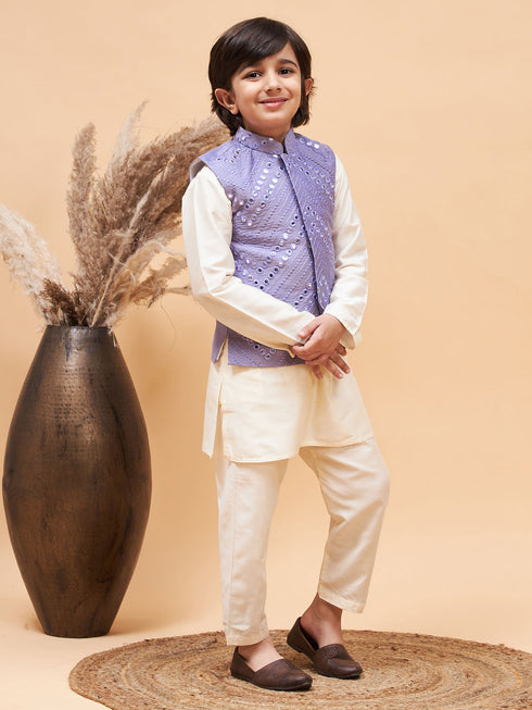 Boy's Purple Mirror Work Jacket And Solid Kurta Pyjama Set