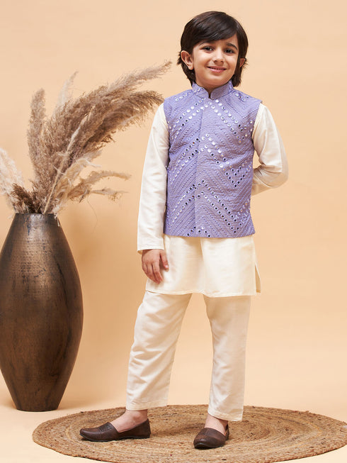 Boy's Purple Mirror Work Jacket And Solid Kurta Pyjama Set