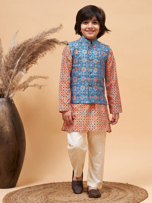 Boy's Orange Printed Kurta And Cream Pyjama Set With Blue Nehru Jacket