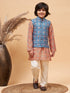 Boy's Orange Printed Kurta And Cream Pyjama Set With Blue Nehru Jacket