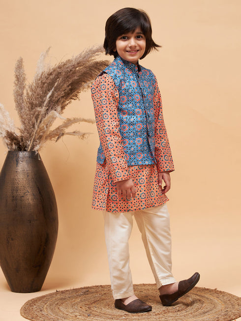 Boy's Orange Printed Kurta And Cream Pyjama Set With Blue Nehru Jacket