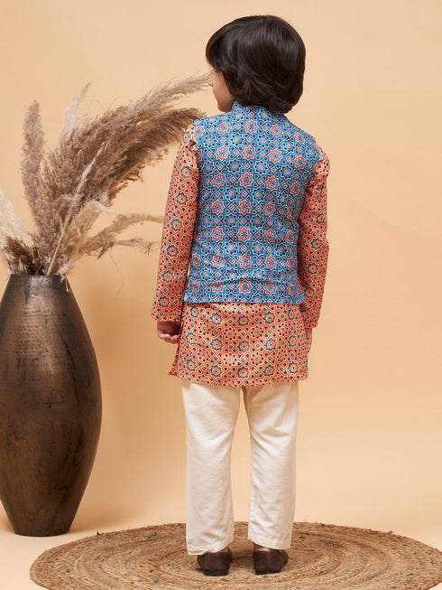 Boy's Orange Printed Kurta And Cream Pyjama Set With Blue Nehru Jacket