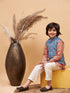 Boy's Orange Printed Kurta And Cream Pyjama Set With Blue Nehru Jacket
