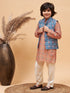 Boy's Orange Printed Kurta And Cream Pyjama Set With Blue Nehru Jacket