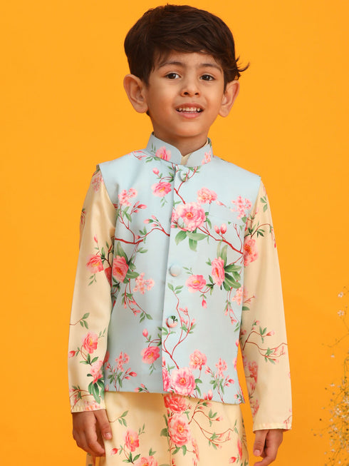 Boy's Aqua Blue Floral Printed Nehru Jacket