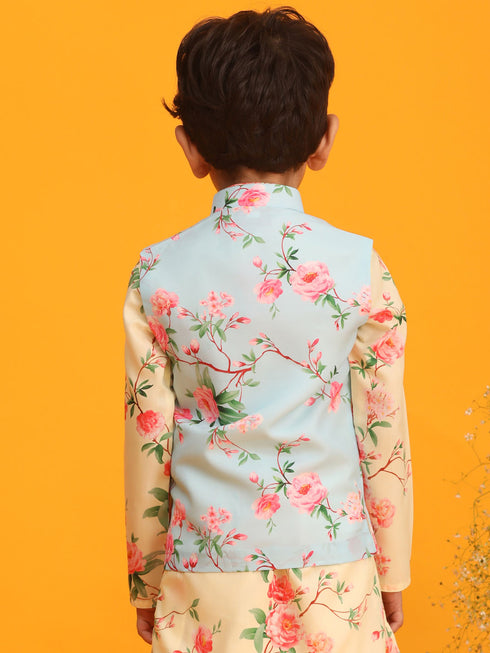Boy's Aqua Blue Floral Printed Nehru Jacket