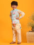 Boy's Aqua Blue Jacket With Yellow Floral Printed Kurta With Cream Solid Pyjama Set