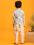Boy's Aqua Blue Jacket With Yellow Floral Printed Kurta With Cream Solid Pyjama Set