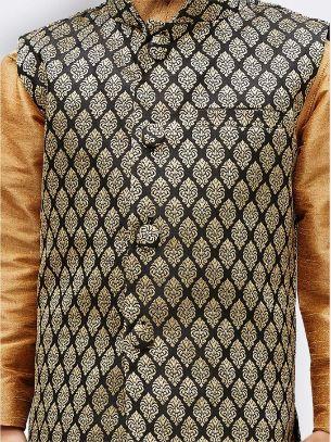 Boys' Gold Silk Cotton Blend Kurta, Waistcoat and Pyjama Set