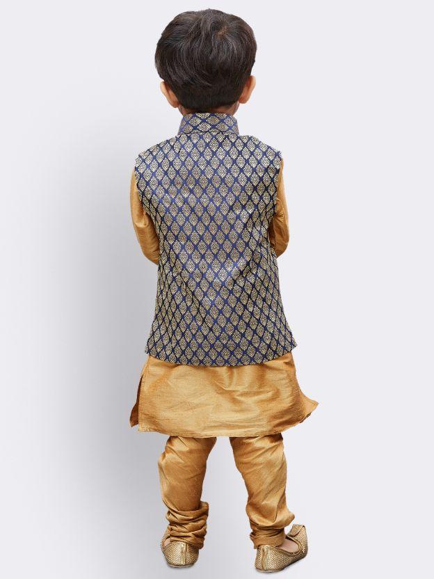Boys' Gold Silk Cotton Blend Kurta, Waistcoat and Pyjama Set