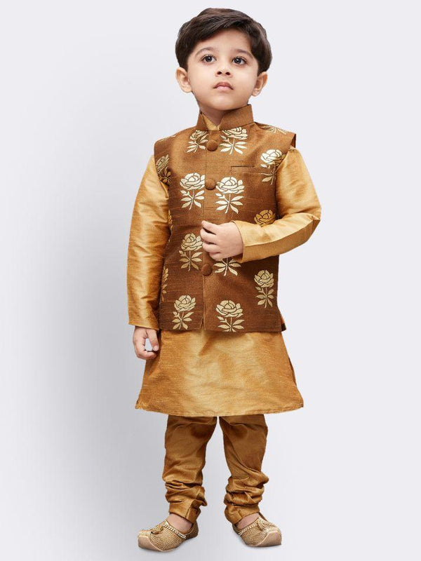 Boys' Gold Silk Cotton Blend Kurta, Waistcoat and Pyjama Set