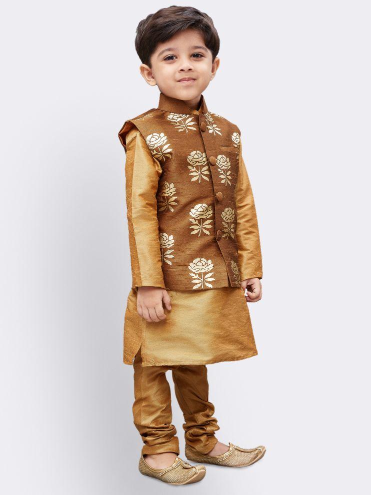 Boys' Gold Silk Cotton Blend Kurta, Waistcoat and Pyjama Set