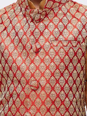 Boys' Gold Silk Cotton Blend Kurta, Waistcoat and Pyjama Set