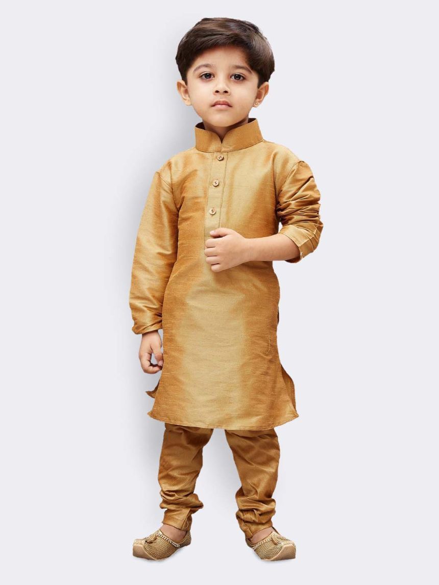 Boys' Gold Silk Cotton Blend Kurta, Waistcoat and Pyjama Set