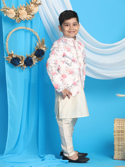 Floral Printed Peach Bandhgala Prince Coat Jodhpuri With Cream Kurta Pyjama Set