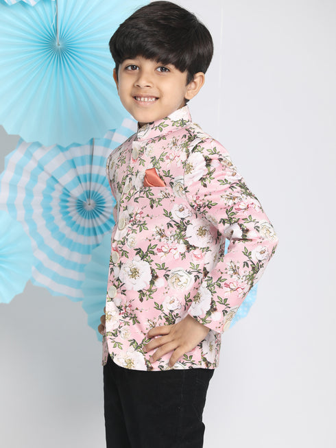 Floral Printed Pink Bandhgala Prince Coat Jodhpuri