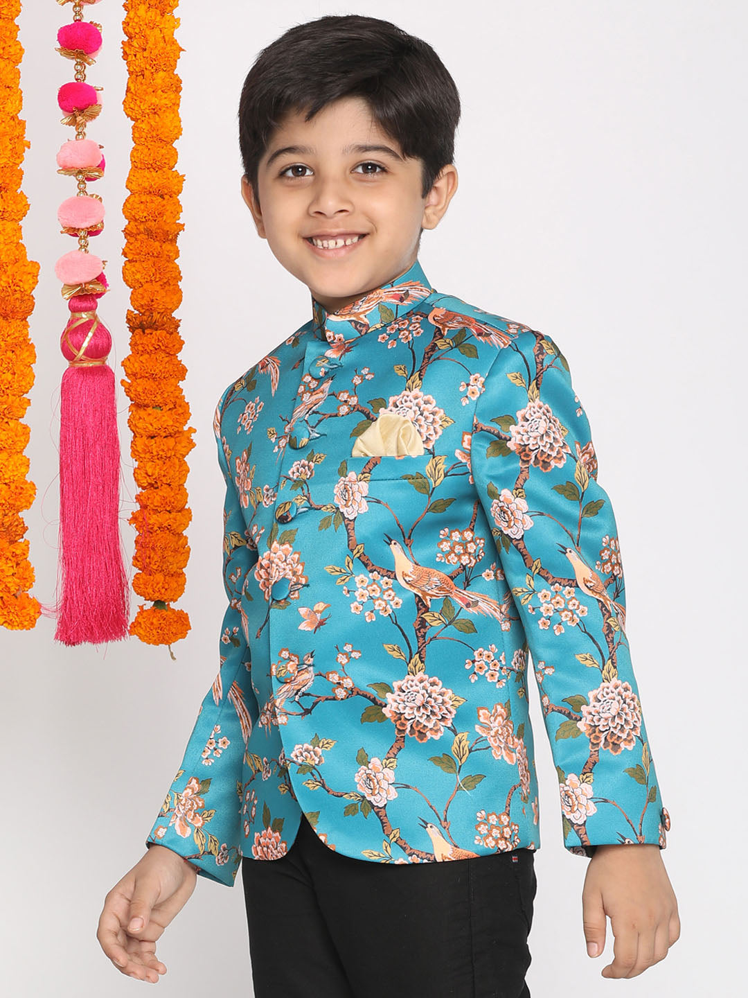 Boy's Turquoise Blue Printed Bandhgala Blazer