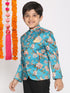 Boy's Turquoise Blue Printed Bandhgala Blazer