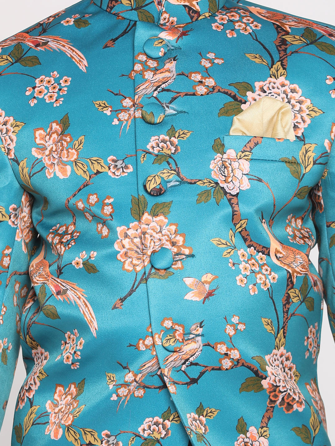 Boy's Turquoise Blue Printed Bandhgala Blazer