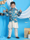 Floral Printed Turquoise Blue Bandhgala Prince Coat Jodhpuri With Cream Kurta Pyjama Set