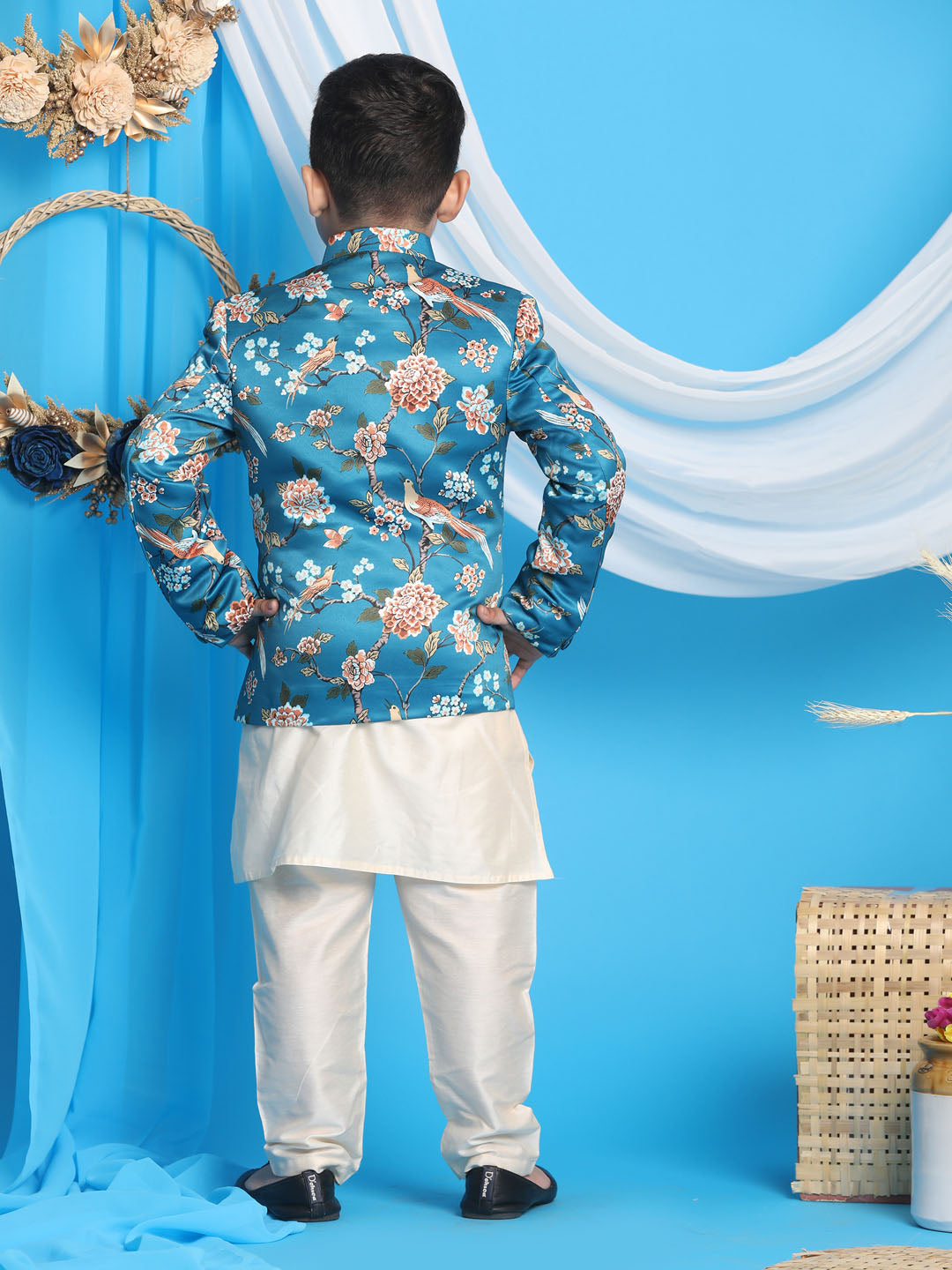 Floral Printed Turquoise Blue Bandhgala Prince Coat Jodhpuri With Cream Kurta Pyjama Set
