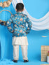 Floral Printed Turquoise Blue Bandhgala Prince Coat Jodhpuri With Cream Kurta Pyjama Set