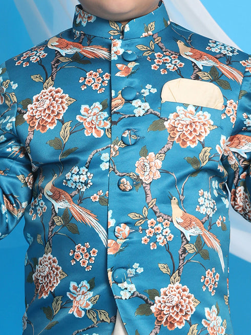 Floral Printed Turquoise Blue Bandhgala Prince Coat Jodhpuri With Cream Kurta Pyjama Set