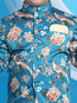 Floral Printed Turquoise Blue Bandhgala Prince Coat Jodhpuri With Cream Kurta Pyjama Set