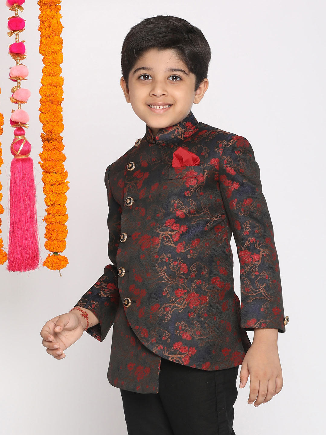 Boy's Maroon Woven Design Silk Blend Bandhgala Blazer