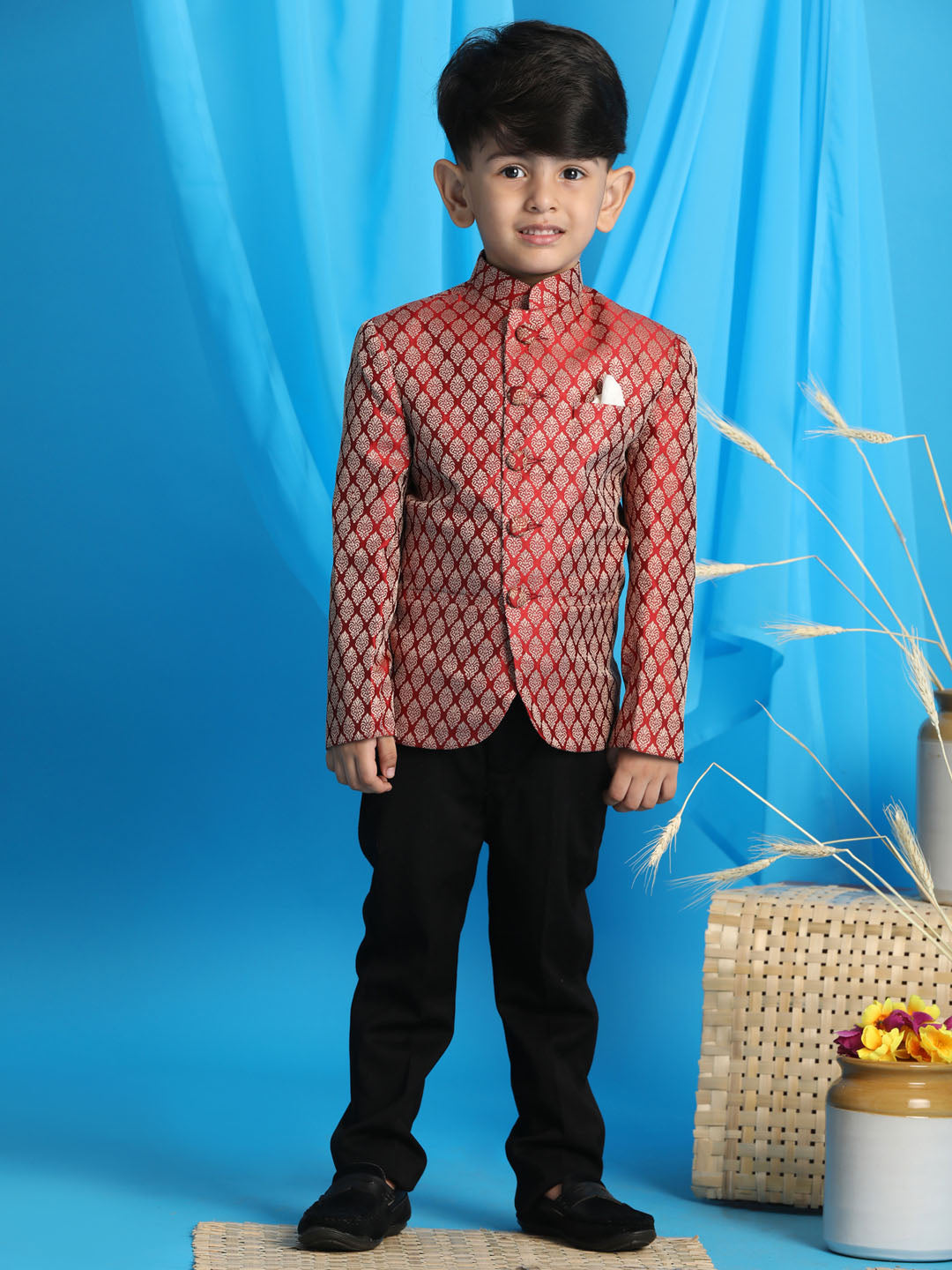 Boy's Maroon Woven Silk Blend Jodhpuri