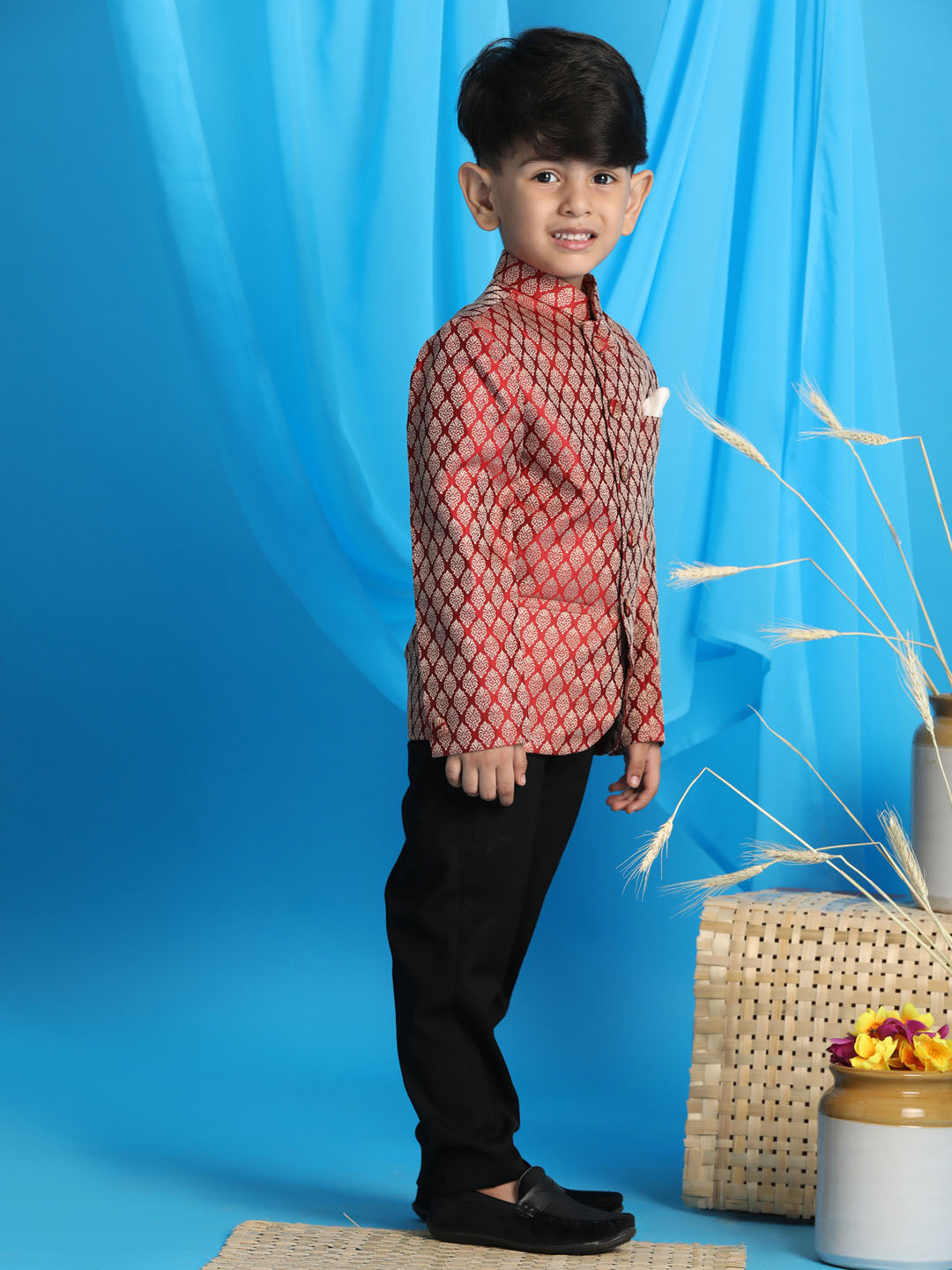 Boy's Maroon Woven Silk Blend Jodhpuri